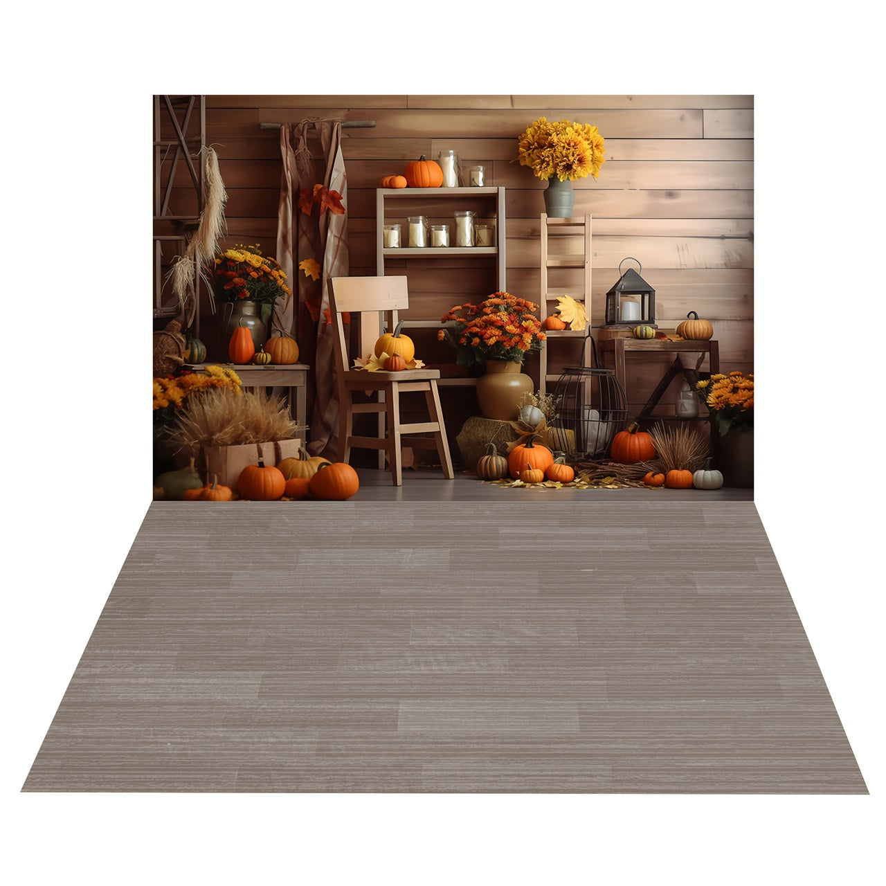 Autumn Indoor Pumpkin Harvest Backdrop + Grey Wood Floor Backdrop BRP8-386