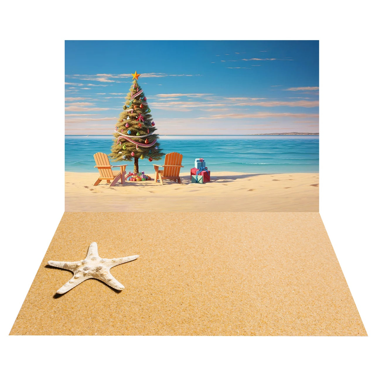 Oceanfront Christmas Tree Backdrop +Starfish Sand Floor Backdrop BRP8-389