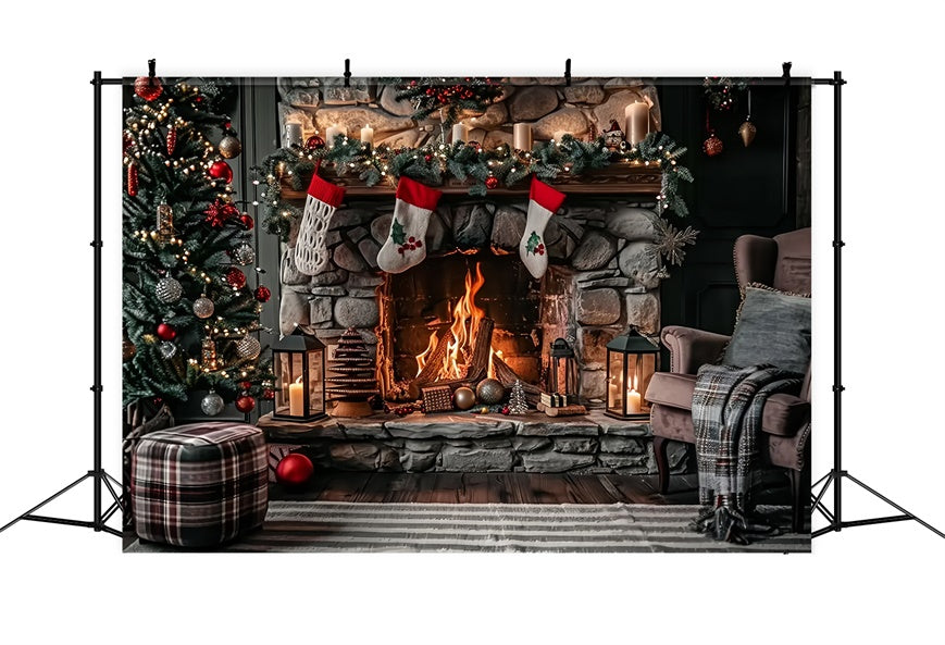 Rustic Stone Fireplace and Stockings Christmas Backdrop UK BRP8-39