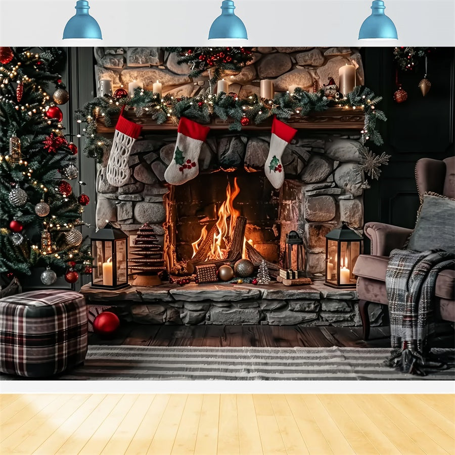 Rustic Stone Fireplace and Stockings Christmas Backdrop UK BRP8-39