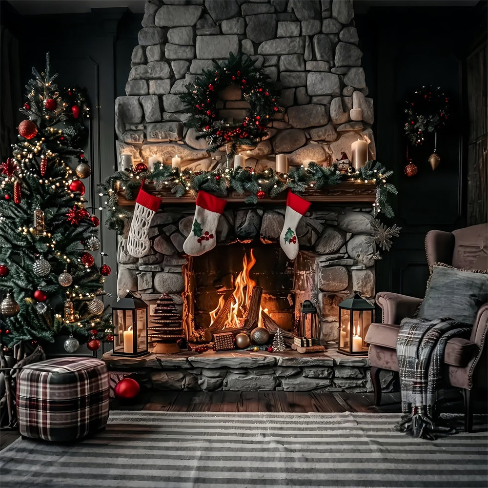 Rustic Stone Fireplace and Stockings Christmas Backdrop UK BRP8-39