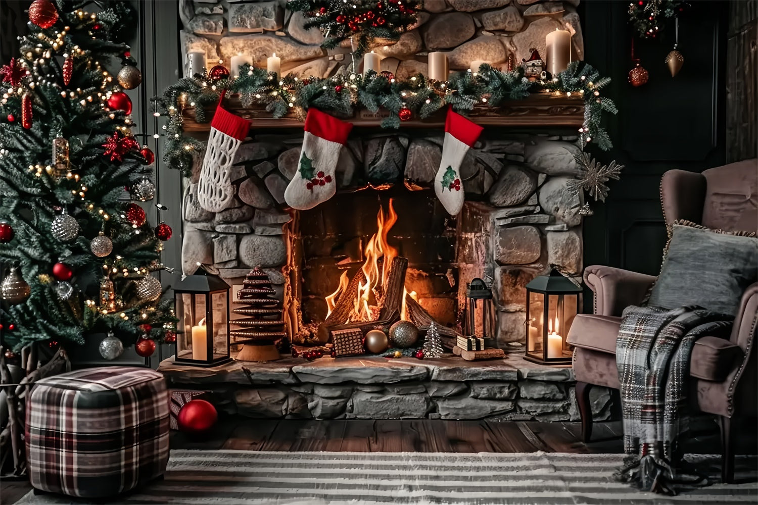 Rustic Stone Fireplace and Stockings Christmas Backdrop UK BRP8-39