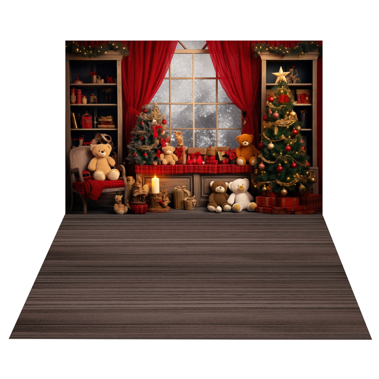 Christmas Bears Tree Window Scene Backdrop + Wood Grain Floor Set BRP8-390