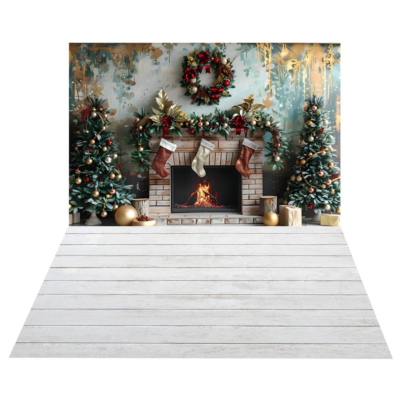 Christmas Tree Wreath Fireplace Backdrop + White Plank Floor Backdrop BRP8-391