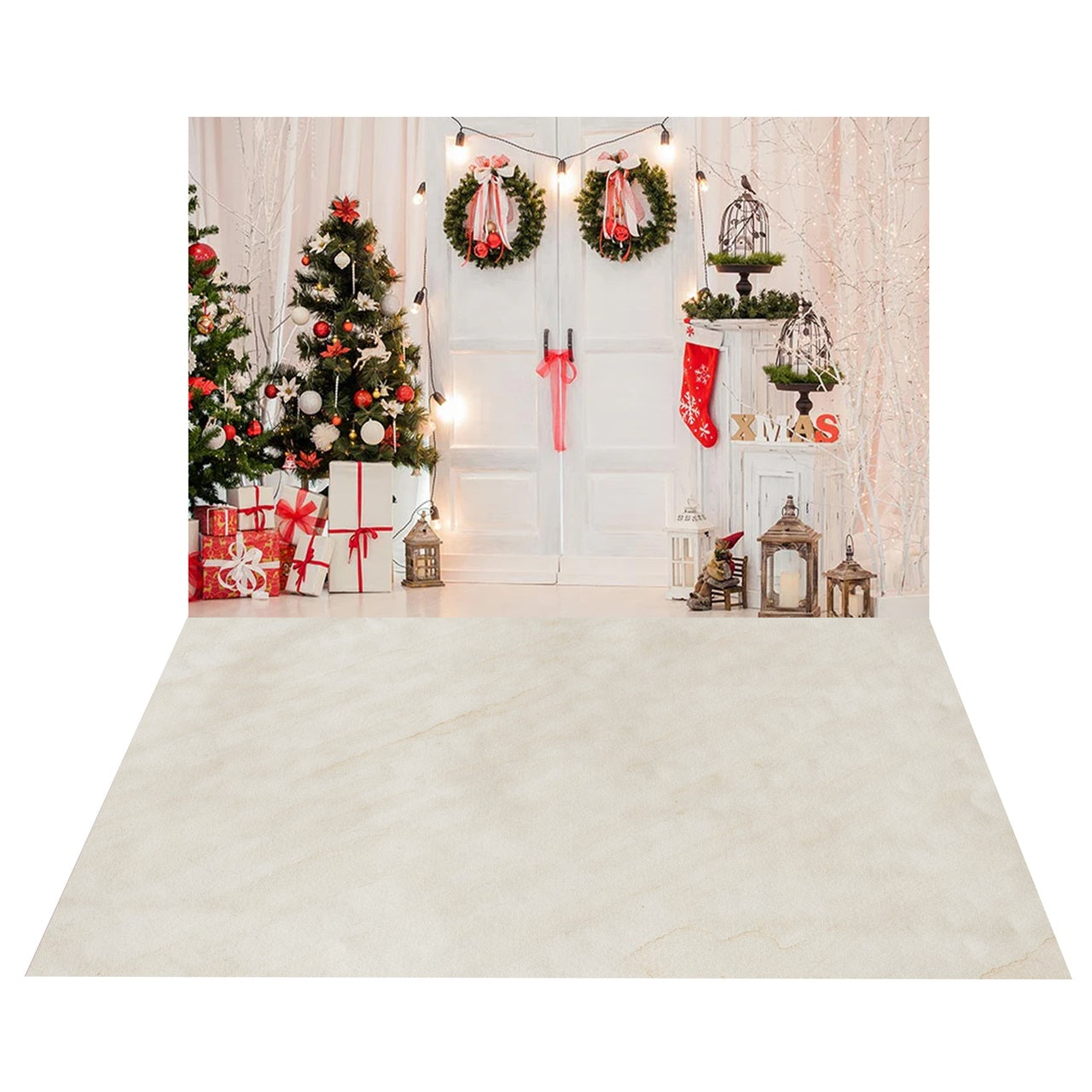 Christmas Wreaths Stockings Door Backdrop + White Floor Backdrop BRP8-396