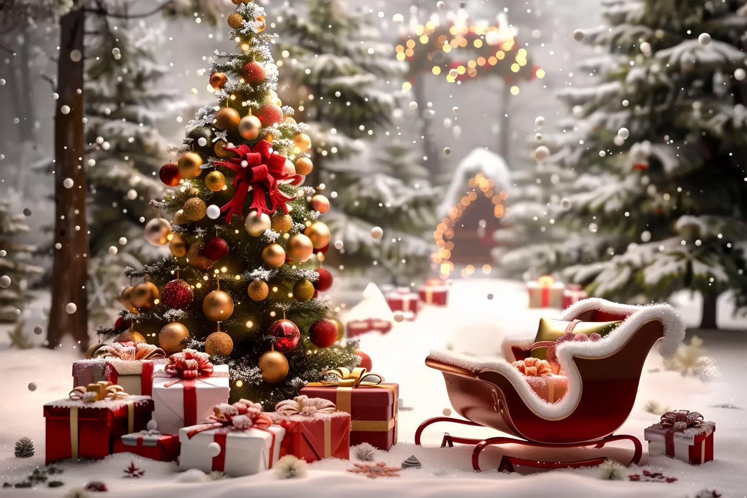 Christmas Tree by the Sleigh and Gifts Backdrop UK BRP8-48