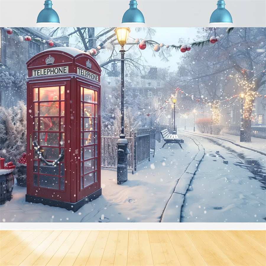 Christmas Red Telephone Box in Snow Backdrop UK BRP8-51