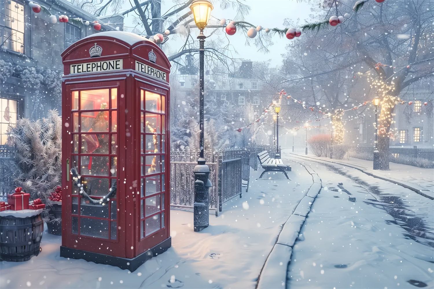 Christmas Red Telephone Box in Snow Backdrop UK BRP8-51