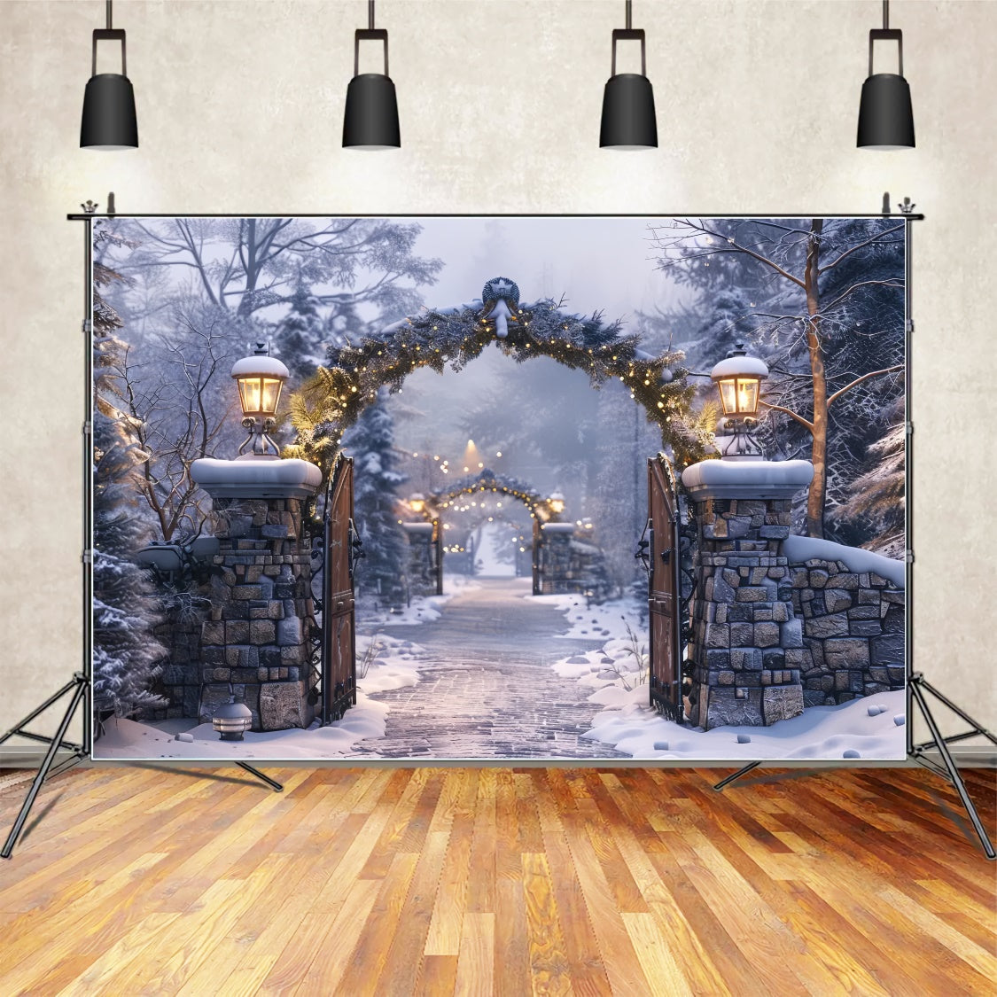 Christmas Winter Night Stone Arch Pathway Backdrop UK BRP8-62