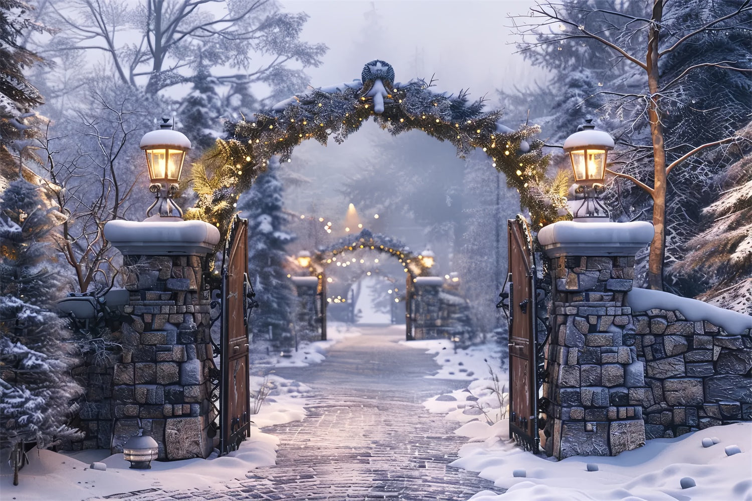 Christmas Winter Night Stone Arch Pathway Backdrop UK BRP8-62