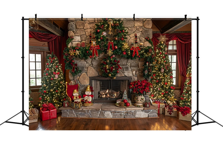 Christmas Mantel with Trees and Lights Backdrop UK BRP8-64