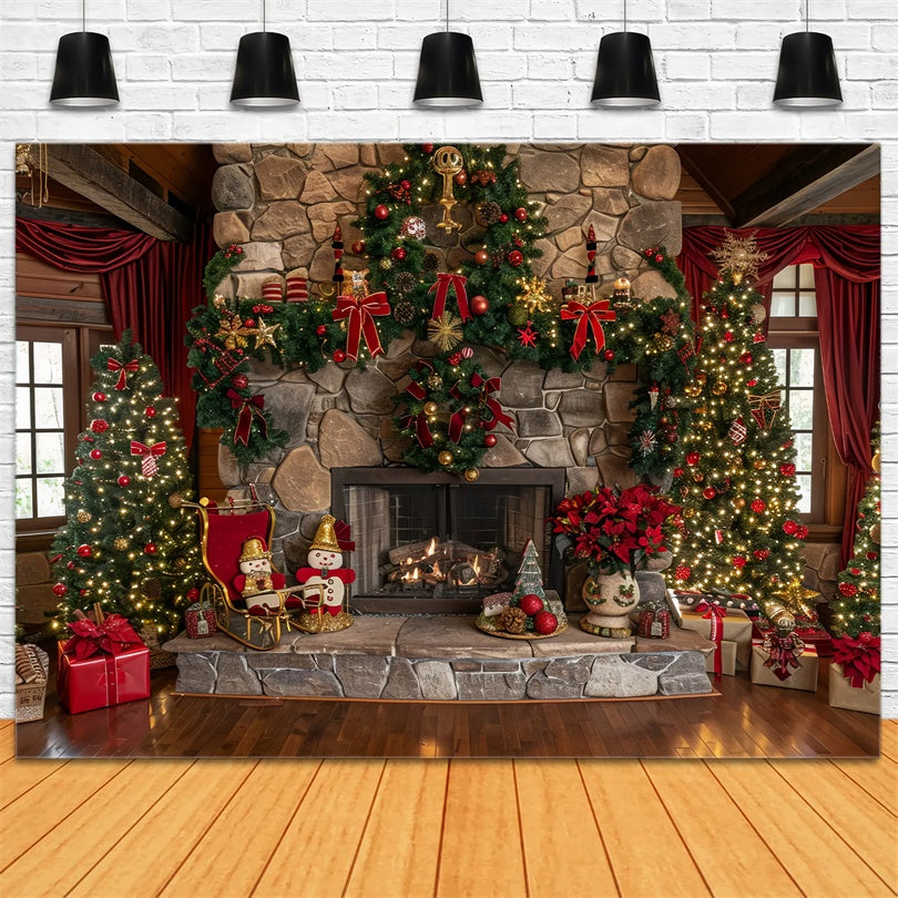 Christmas Mantel with Trees and Lights Backdrop UK BRP8-64