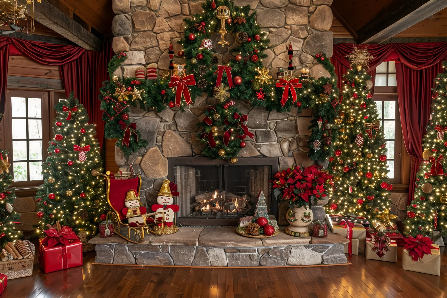 Christmas Mantel with Trees and Lights Backdrop UK BRP8-64