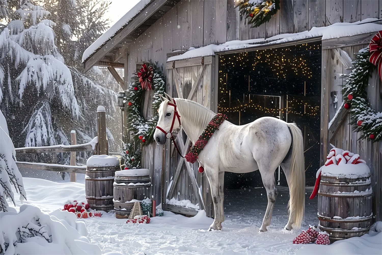 Christmas Barnyard with Festive Horse Backdrop UK BRP8-65