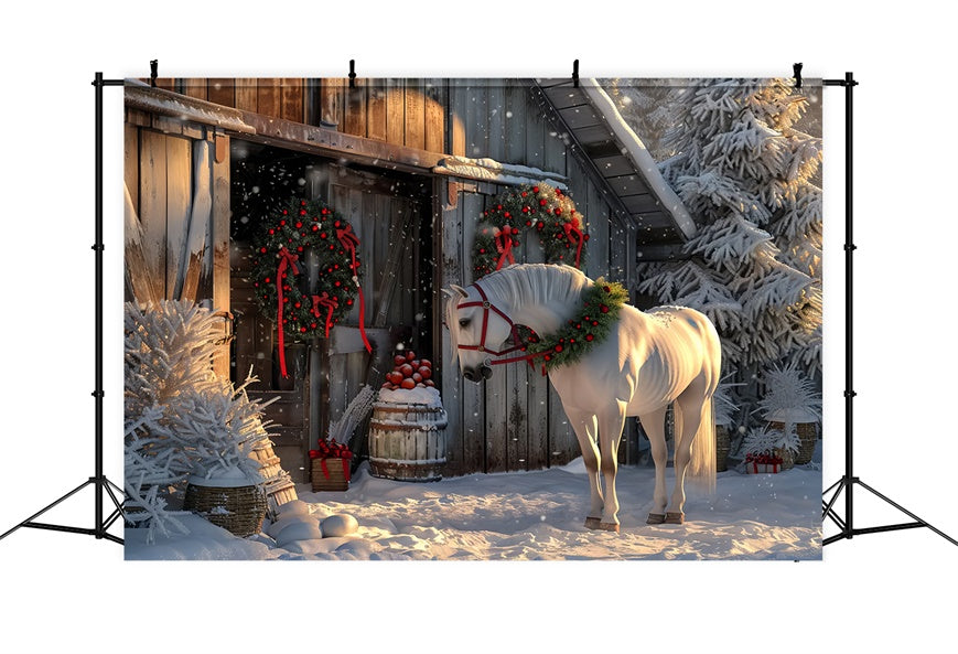 Christmas Horse in Snowy Barnyard Backdrop UK BRP8-66