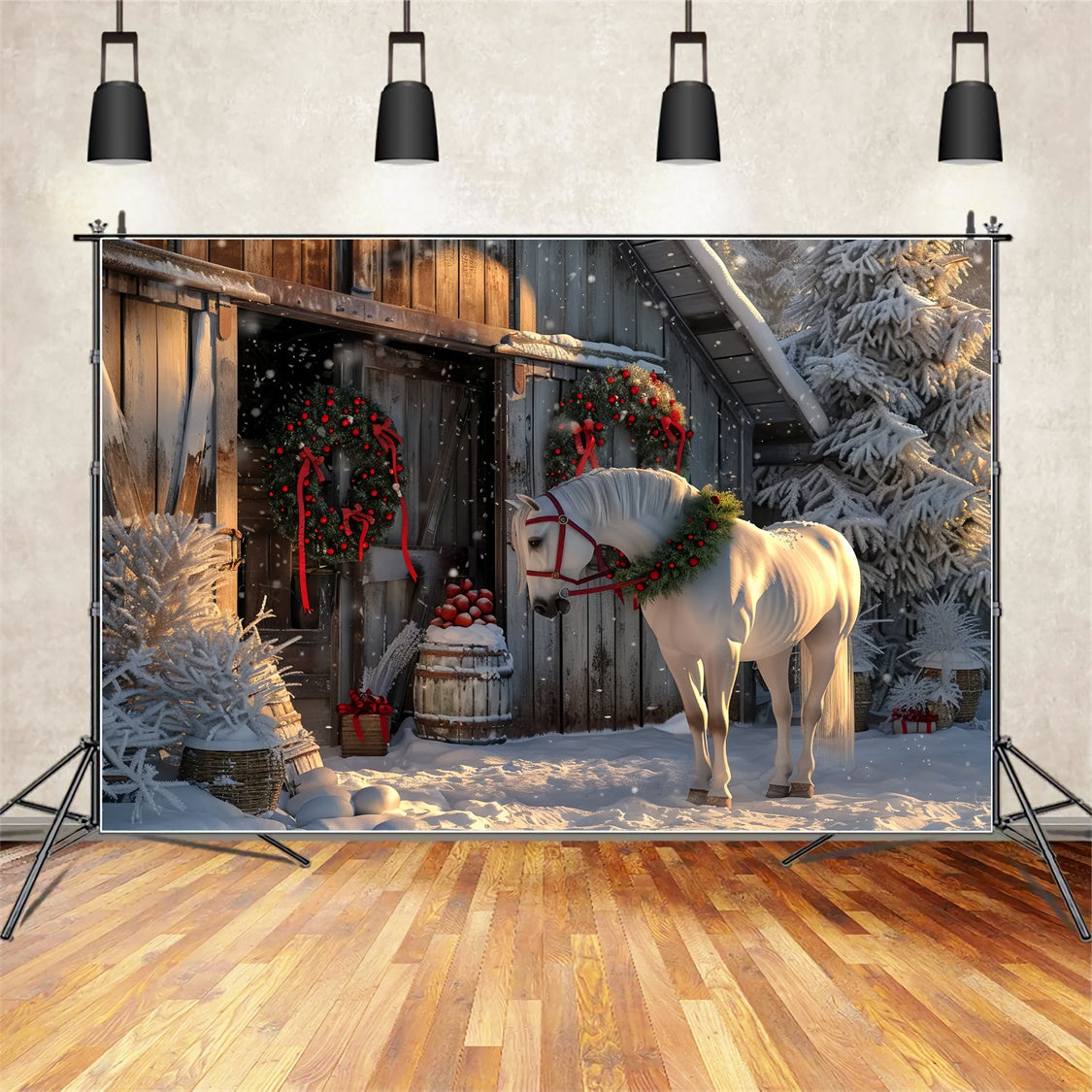 Christmas Horse in Snowy Barnyard Backdrop UK BRP8-66