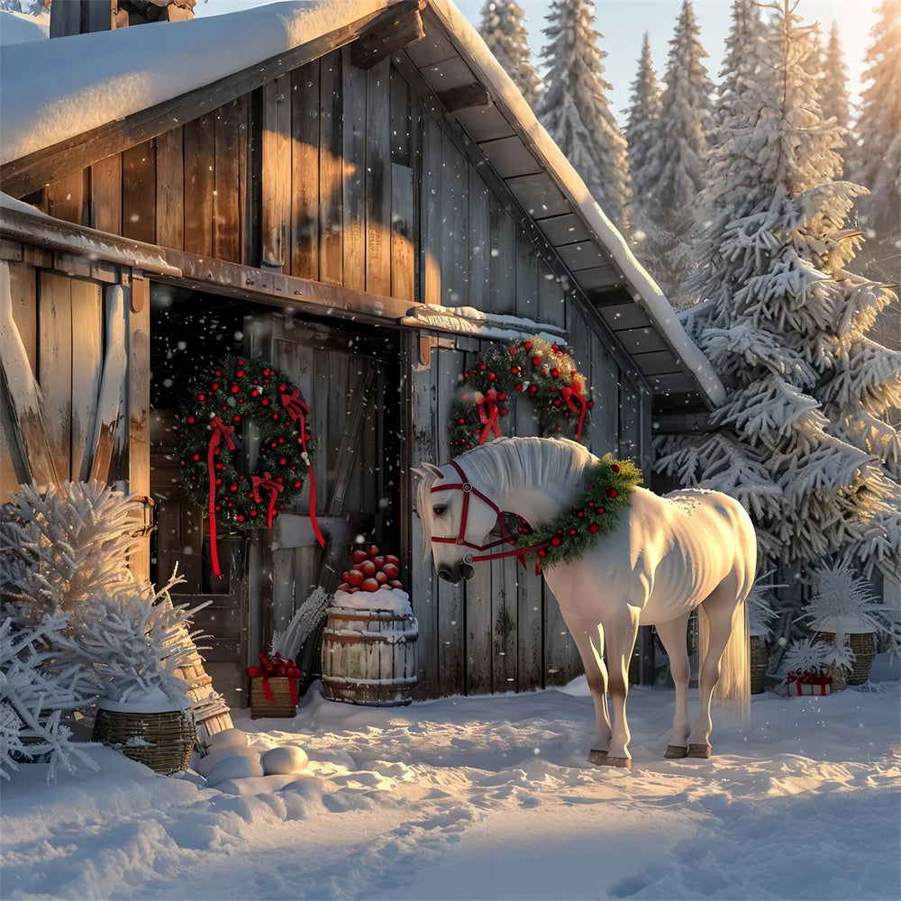 Christmas Horse in Snowy Barnyard Backdrop UK BRP8-66