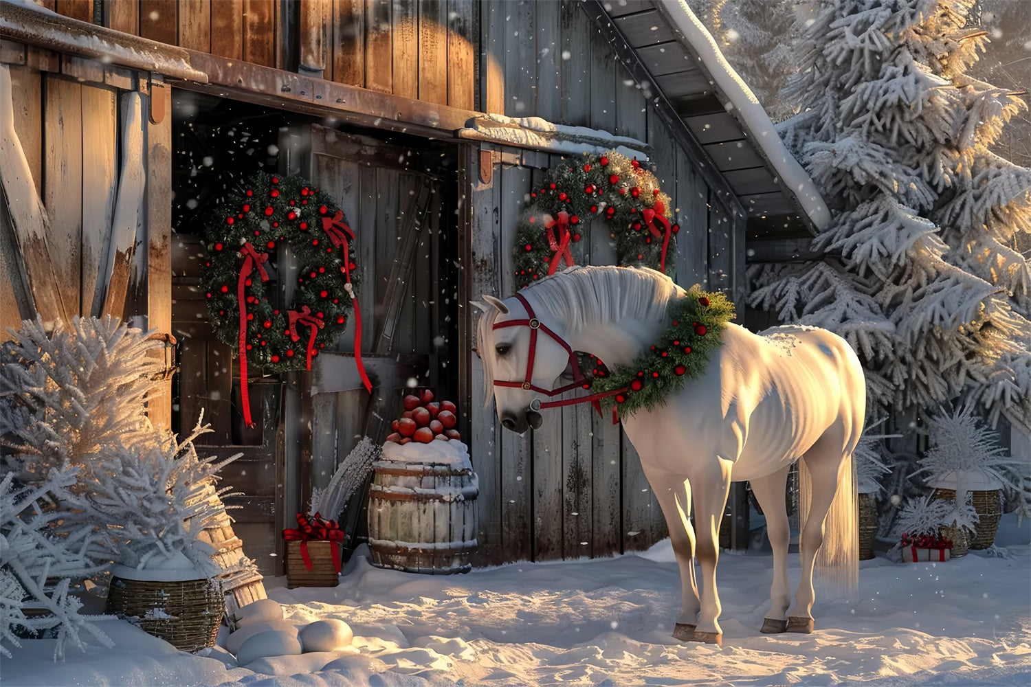 Christmas Horse in Snowy Barnyard Backdrop UK BRP8-66