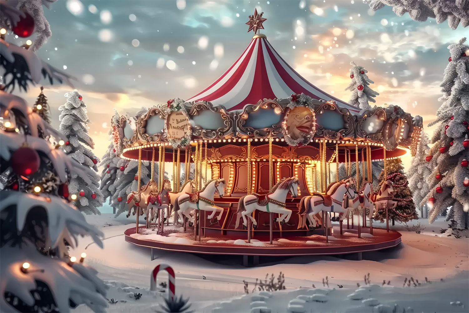 Christmas Carousel Amid Snowy Pines Backdrop UK BRP8-68