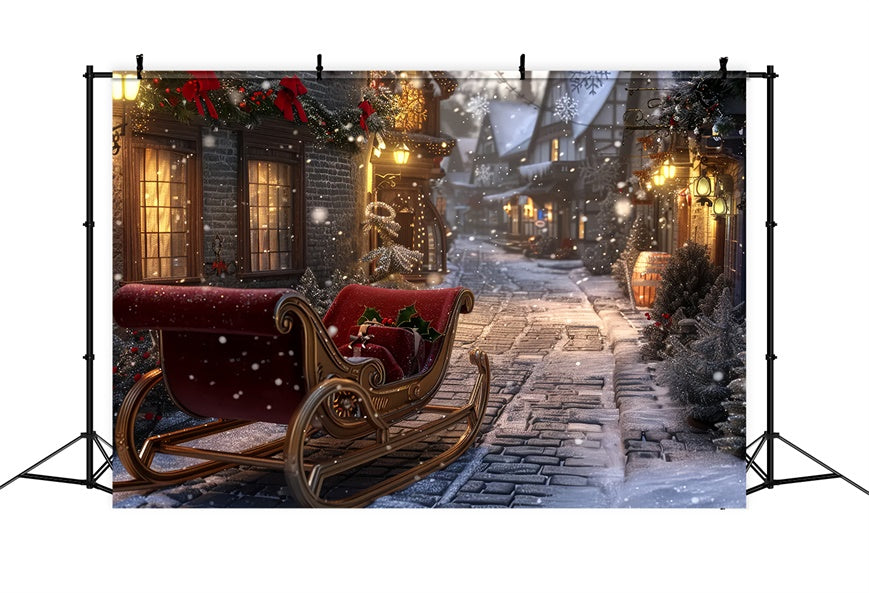 Snowy Night Christmas Sleigh Village Backdrop UK BRP8-71