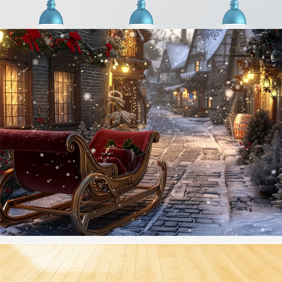 Snowy Night Christmas Sleigh Village Backdrop UK BRP8-71