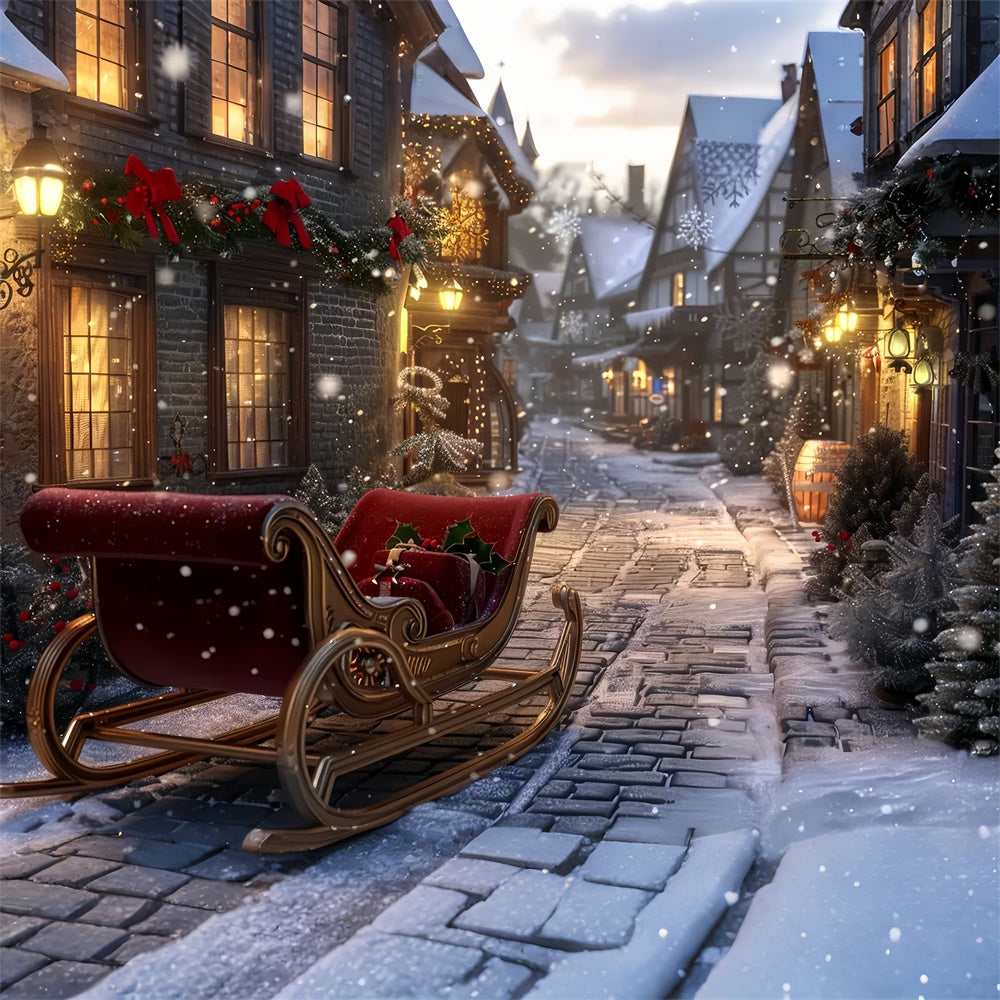 Snowy Night Christmas Sleigh Village Backdrop UK BRP8-71