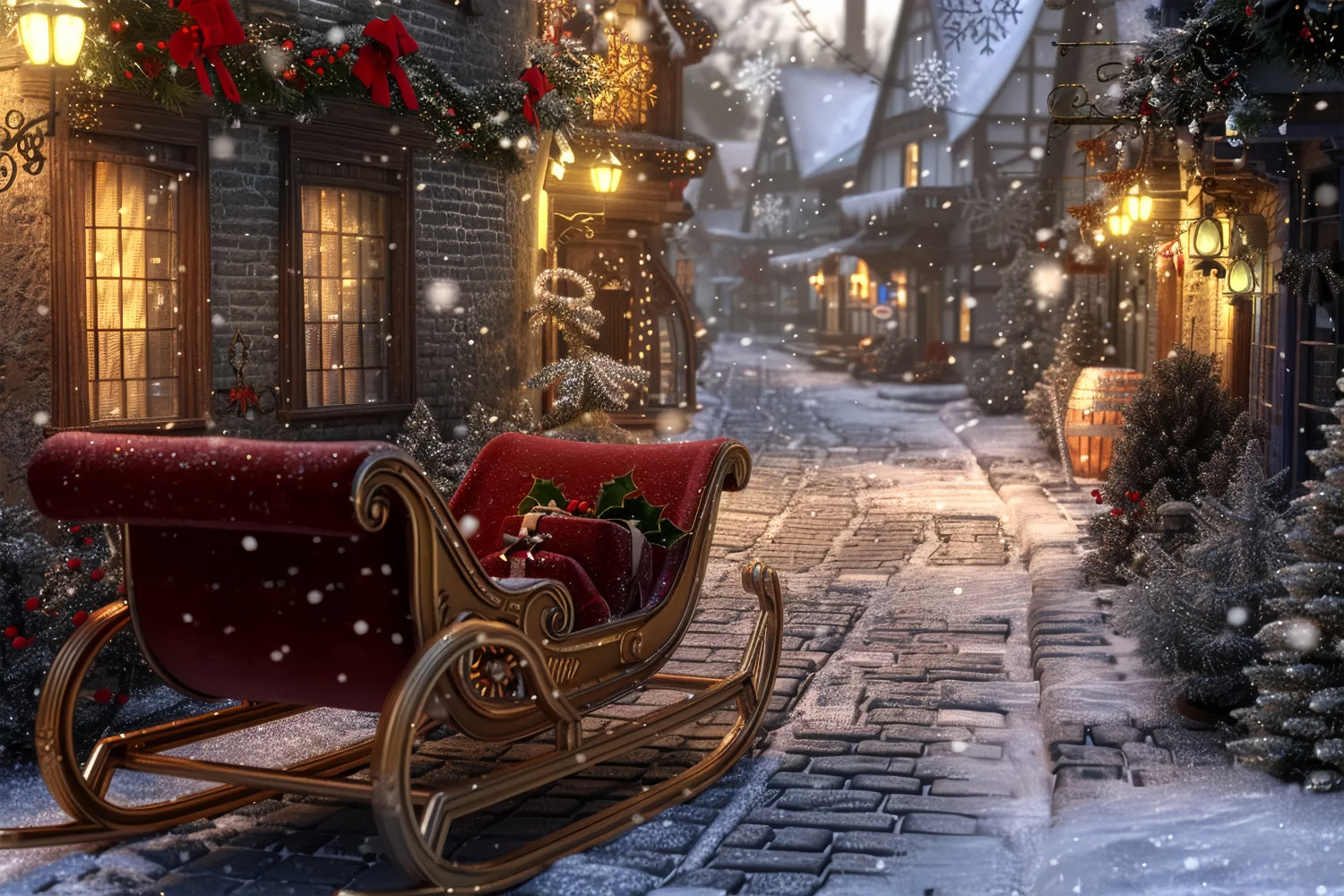 Snowy Night Christmas Sleigh Village Backdrop UK BRP8-71