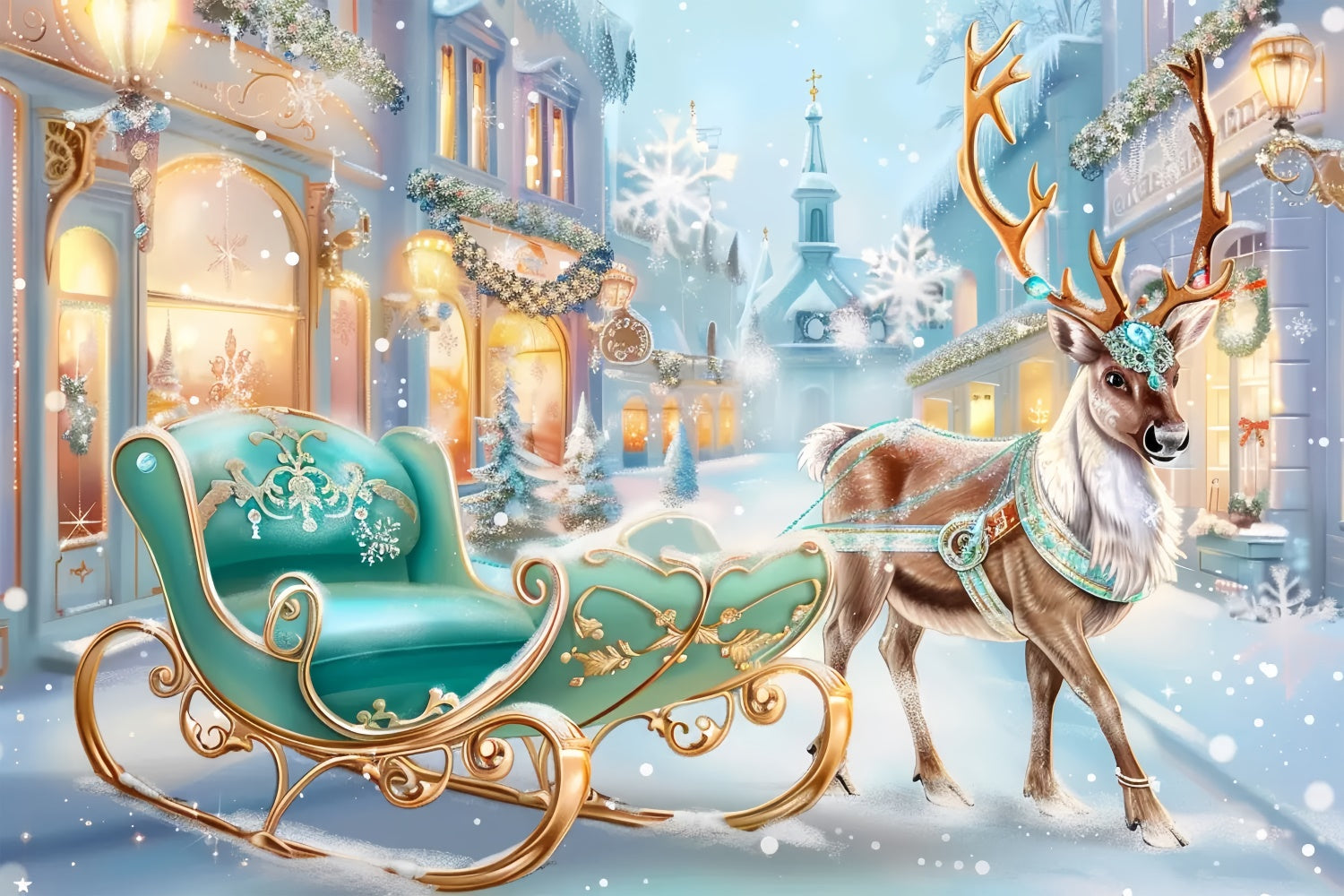 Royal Reindeer and Sleigh in Christmas Town Backdrop UK BRP8-74