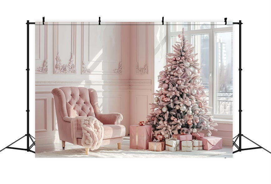 Elegant Pink Christmas Tree with Gifts Backdrop UK BRP8-75