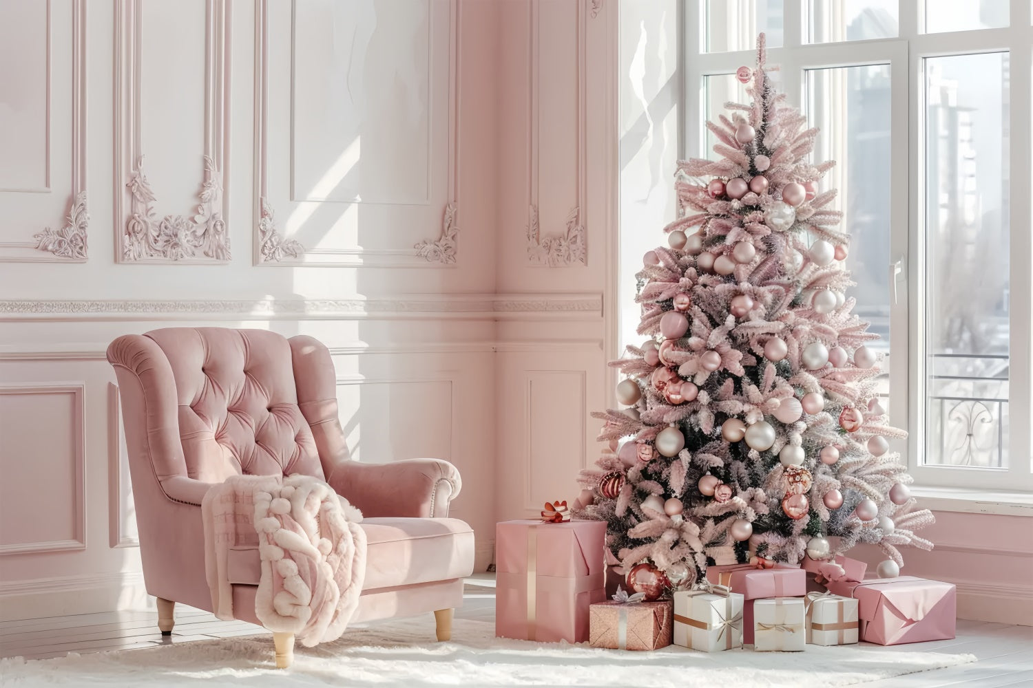 Elegant Pink Christmas Tree with Gifts Backdrop UK BRP8-75