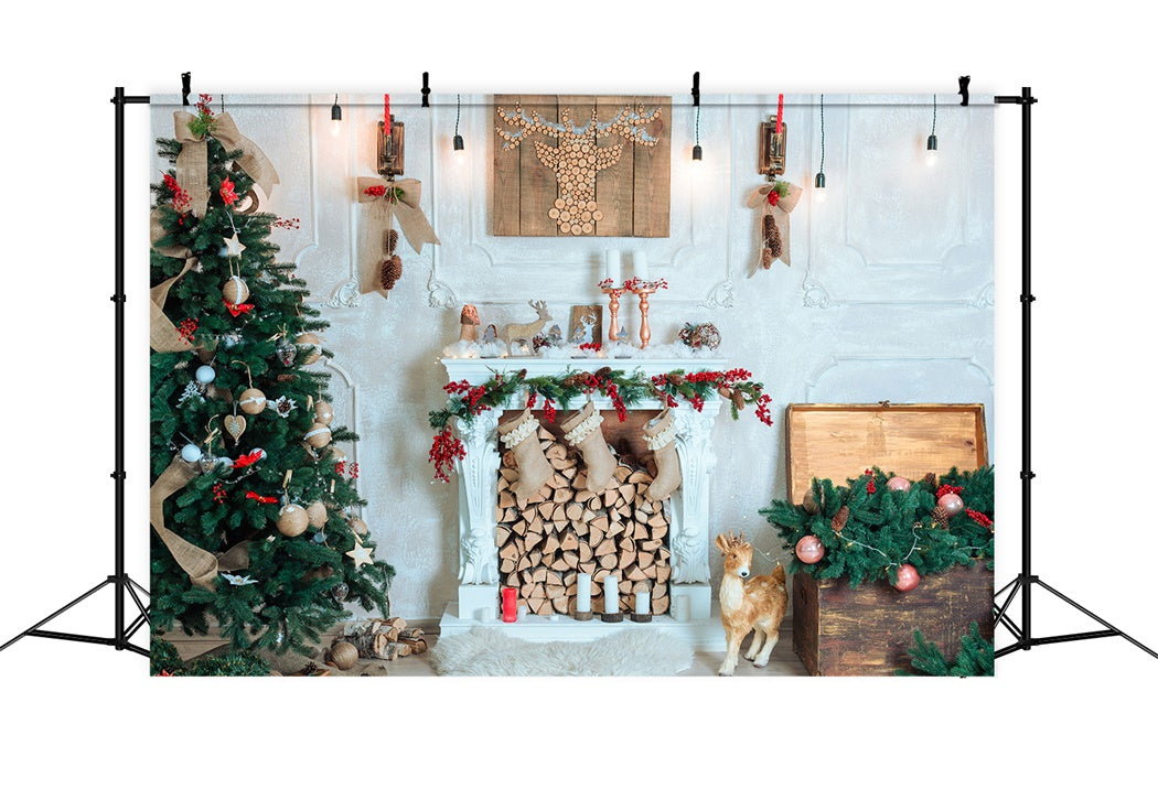 Christmas Rustic Reindeer and Fireplace Backdrop UK BRP8-76