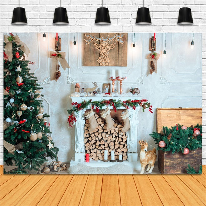 Christmas Rustic Reindeer and Fireplace Backdrop UK BRP8-76