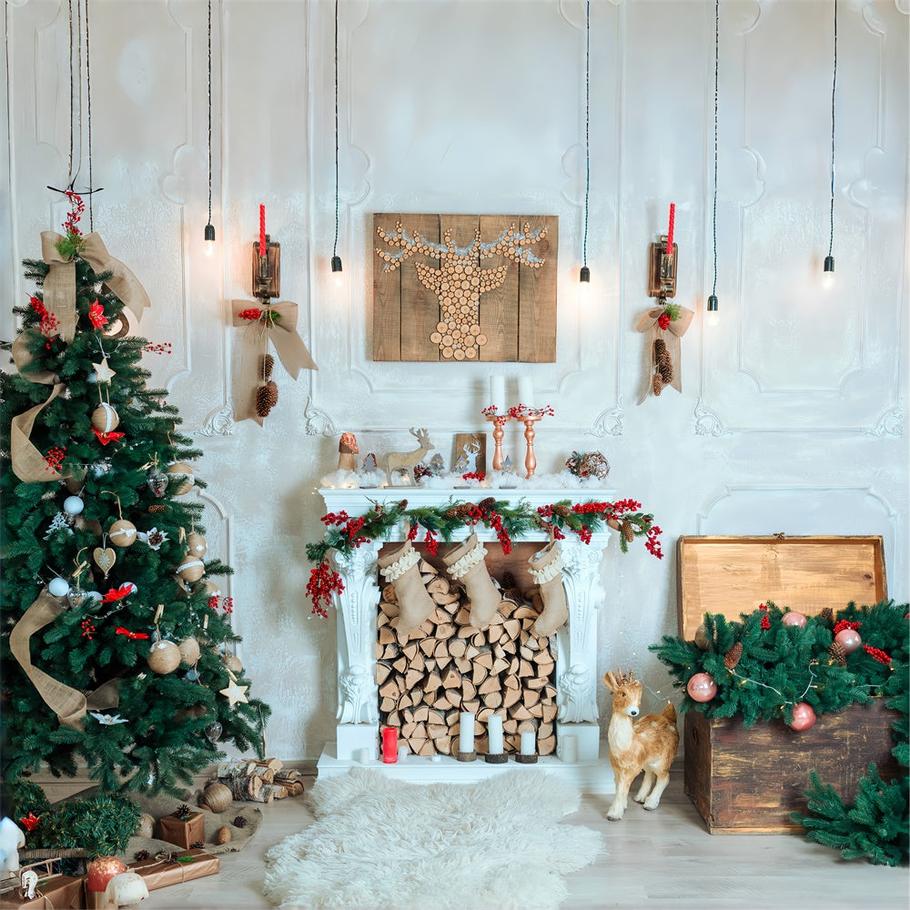 Christmas Rustic Reindeer and Fireplace Backdrop UK BRP8-76