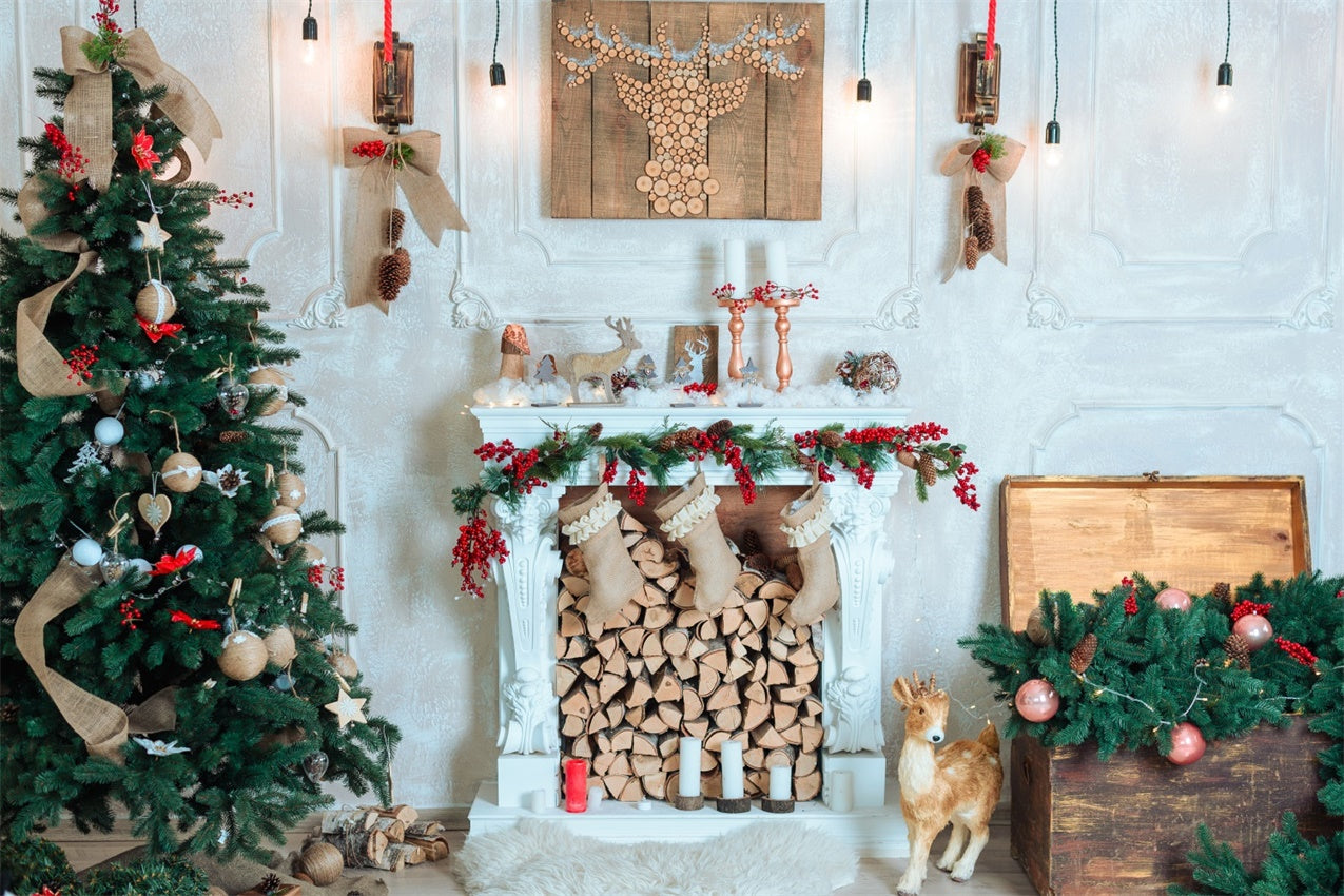 Christmas Rustic Reindeer and Fireplace Backdrop UK BRP8-76