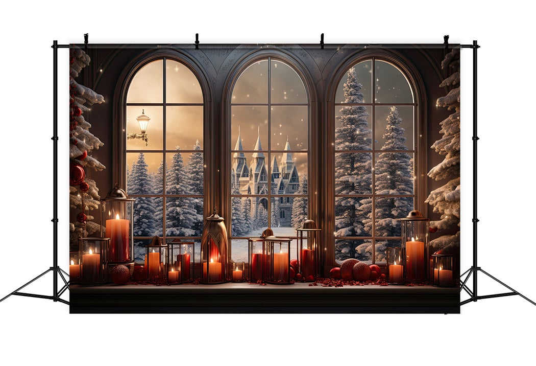 Christmas Snowy Castle Candlelit Window Backdrop UK BRP8-79