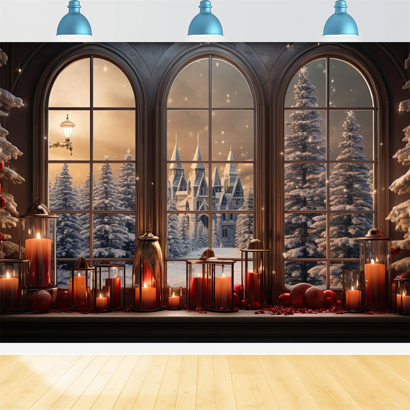 Christmas Snowy Castle Candlelit Window Backdrop UK BRP8-79