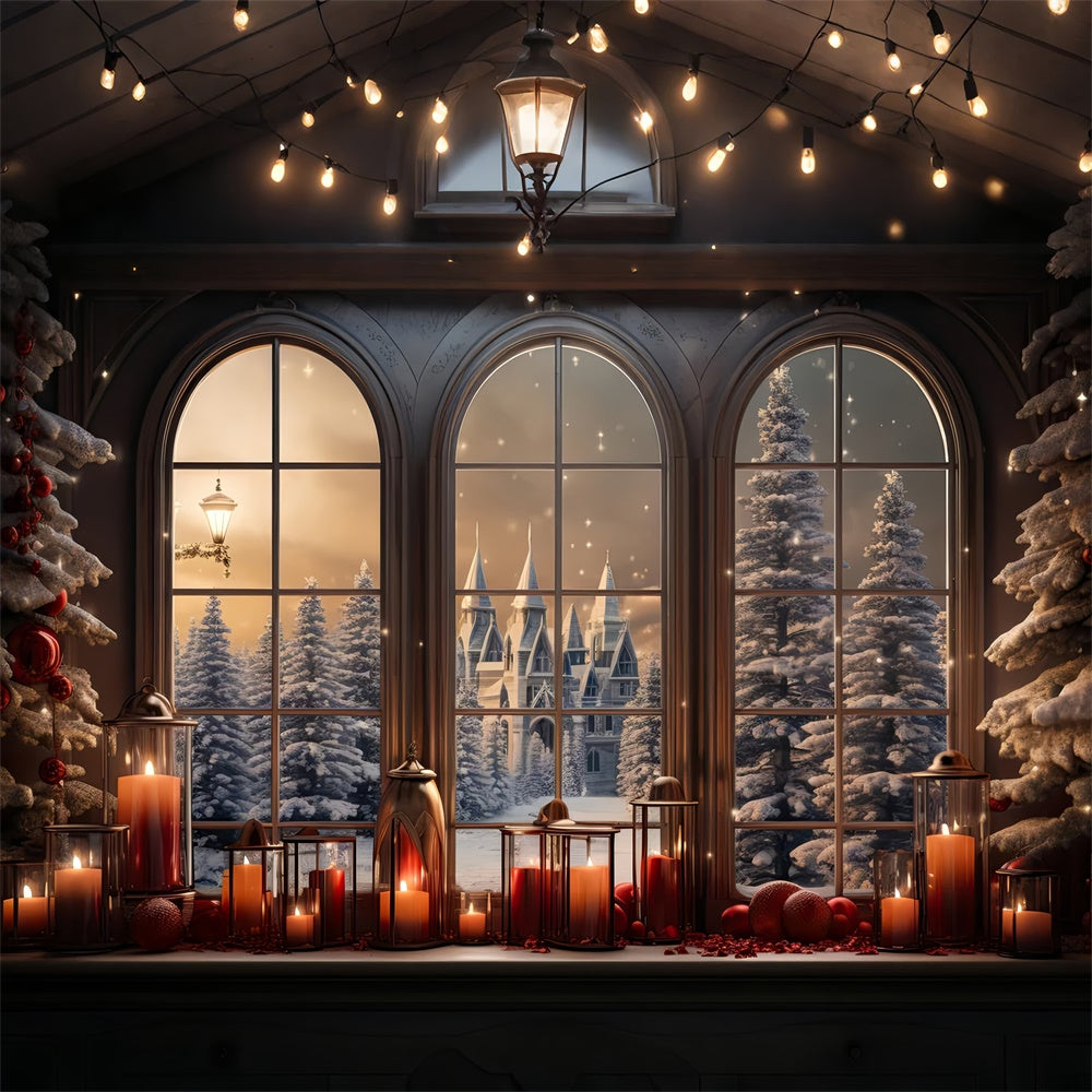 Christmas Snowy Castle Candlelit Window Backdrop UK BRP8-79