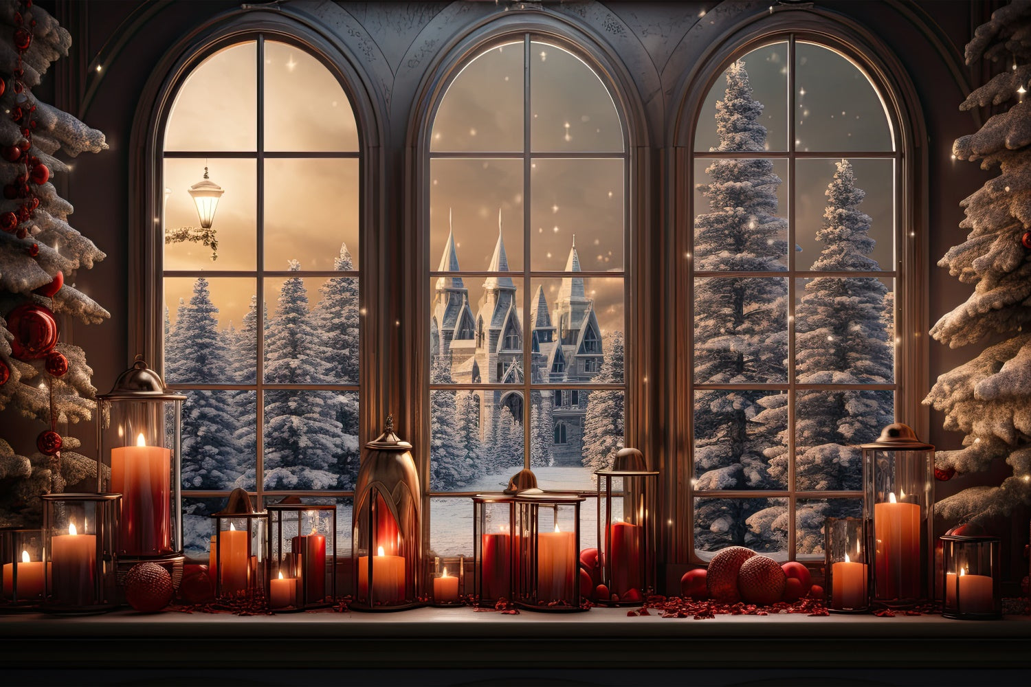 Christmas Snowy Castle Candlelit Window Backdrop UK BRP8-79