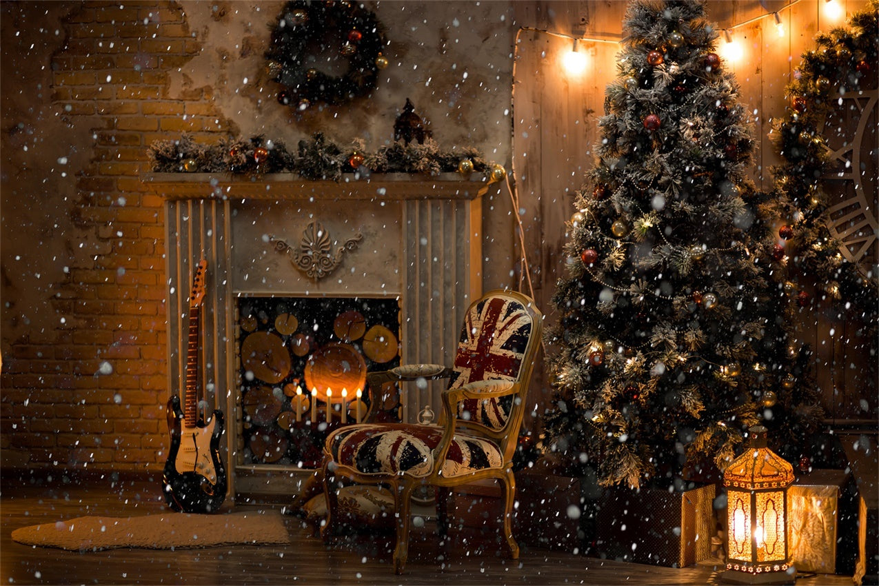 Snowy Night at the Fireplace Christmas Backdrop UK BRP8-85