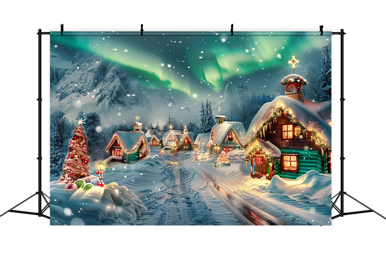 Snow-Covered Christmas Cabins with Aurora Backdrop UK BRP9-100