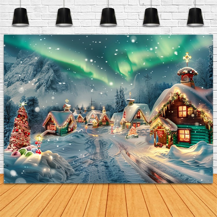 Snow-Covered Christmas Cabins with Aurora Backdrop UK BRP9-100