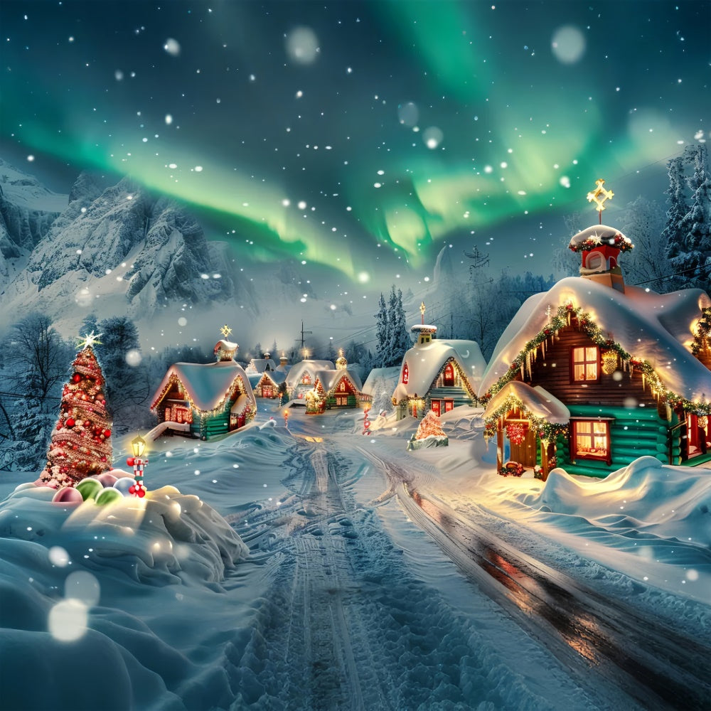 Snow-Covered Christmas Cabins with Aurora Backdrop UK BRP9-100