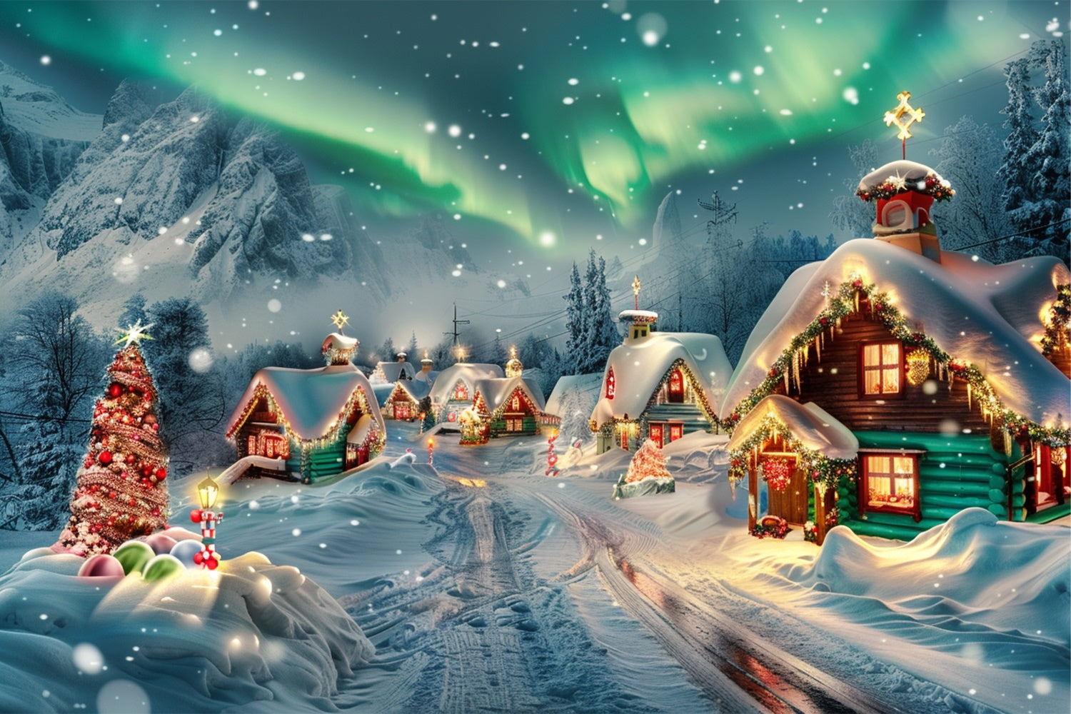 Snow-Covered Christmas Cabins with Aurora Backdrop UK BRP9-100