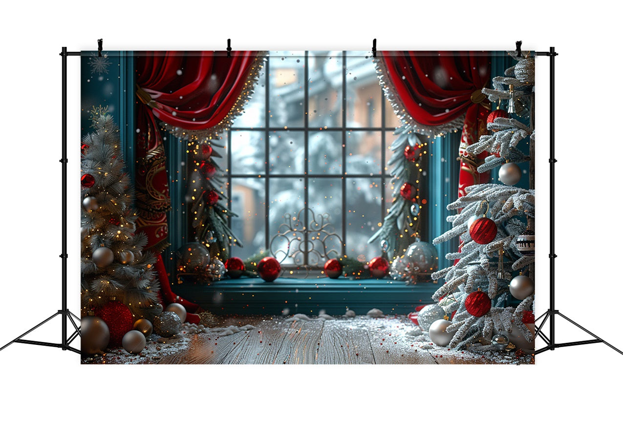 Frosted Trees and Festive Ornaments Window Backdrop UK BRP9-101