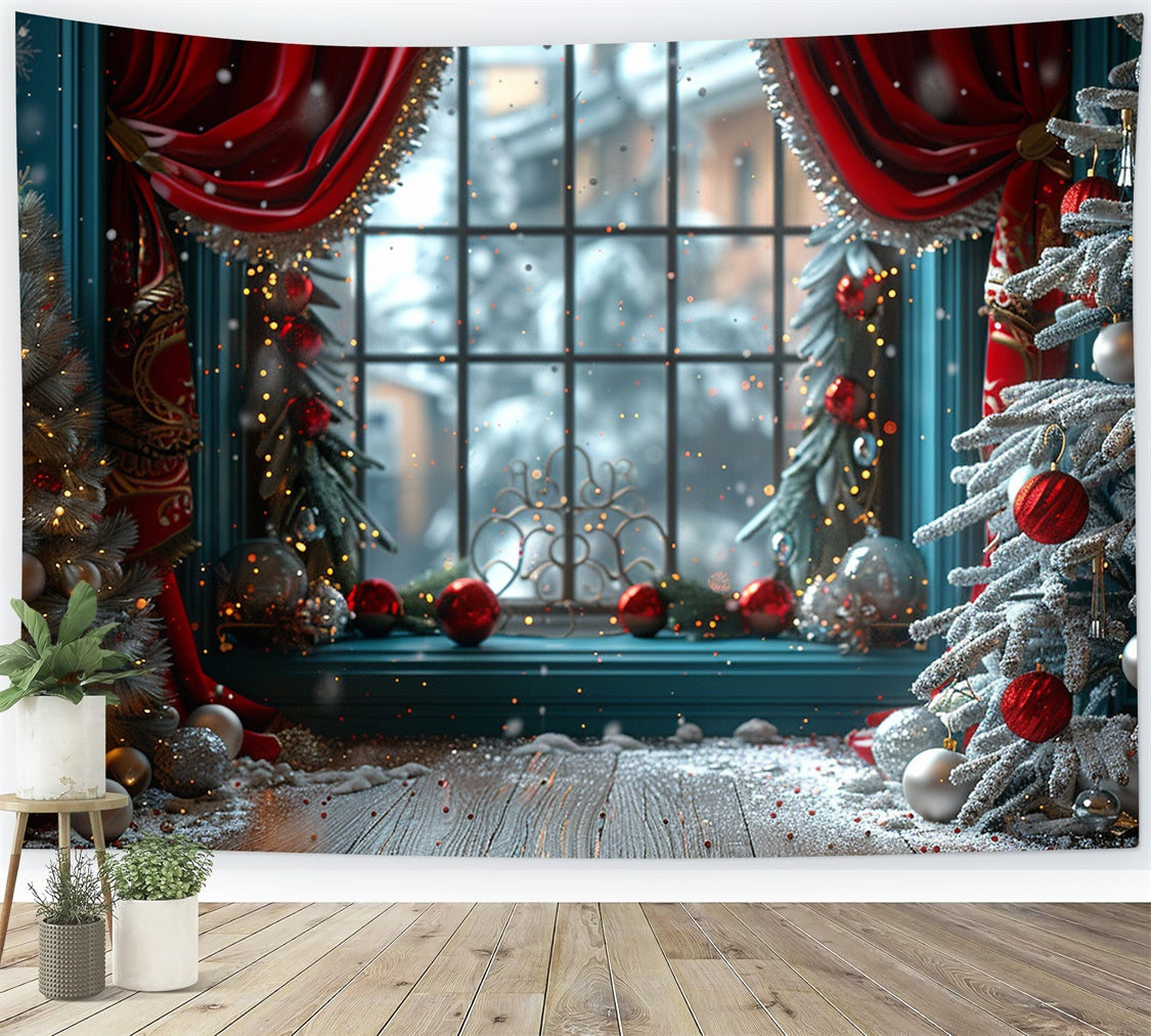 Frosted Trees and Festive Ornaments Window Backdrop UK BRP9-101