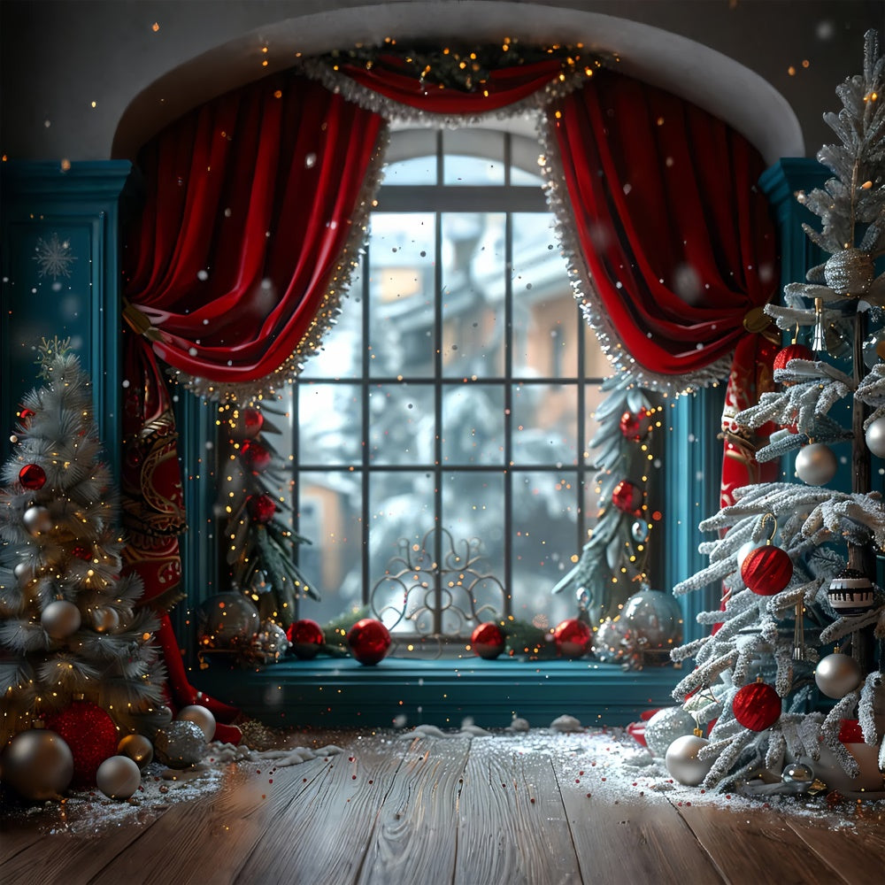 Frosted Trees and Festive Ornaments Window Backdrop UK BRP9-101