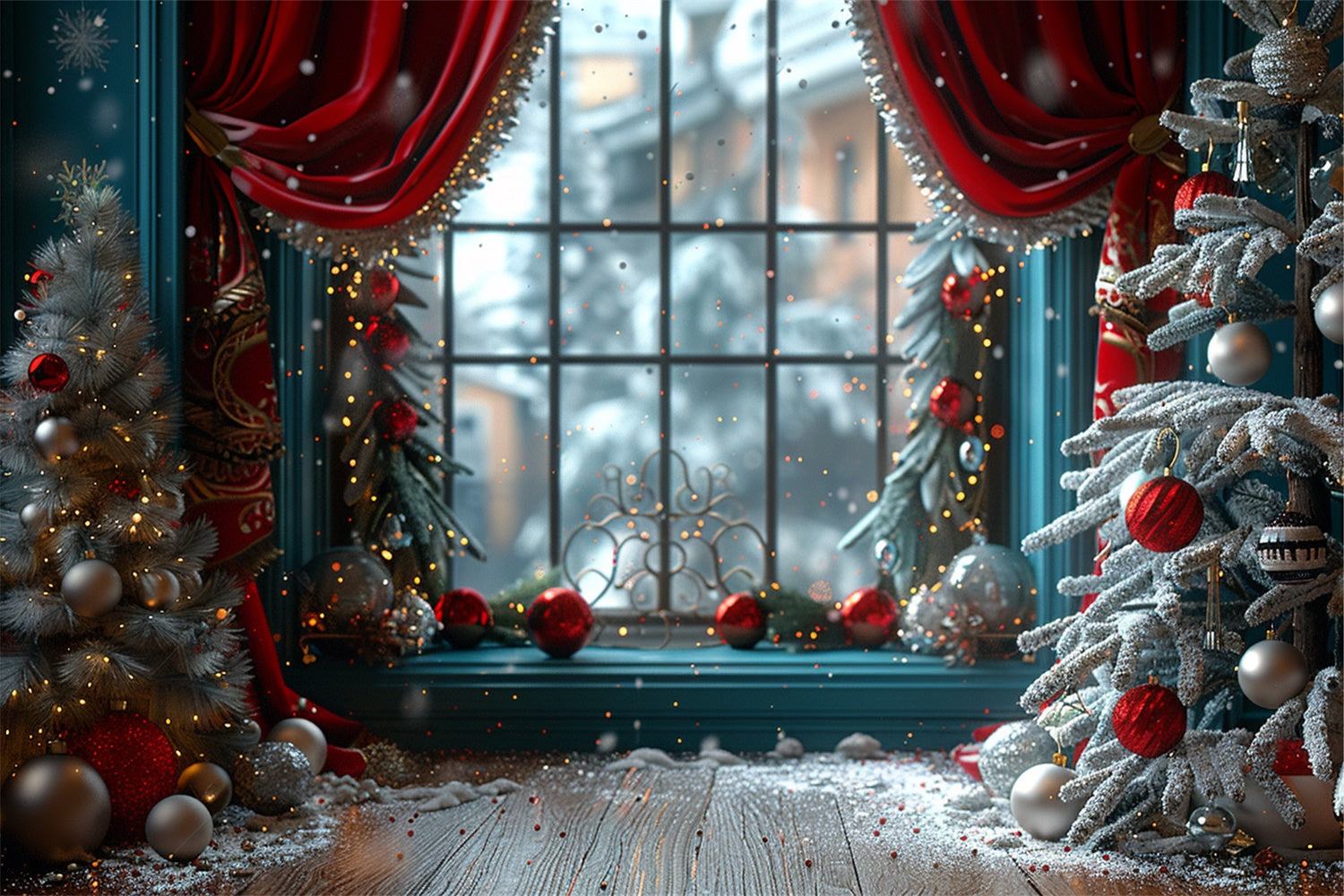 Frosted Trees and Festive Ornaments Window Backdrop UK BRP9-101