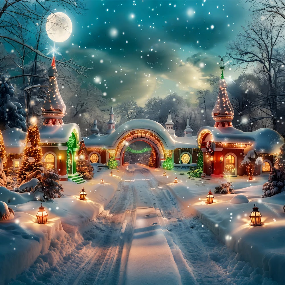 Glowing Christmas Lanterns in Snowy Village Backdrop UK BRP9-102