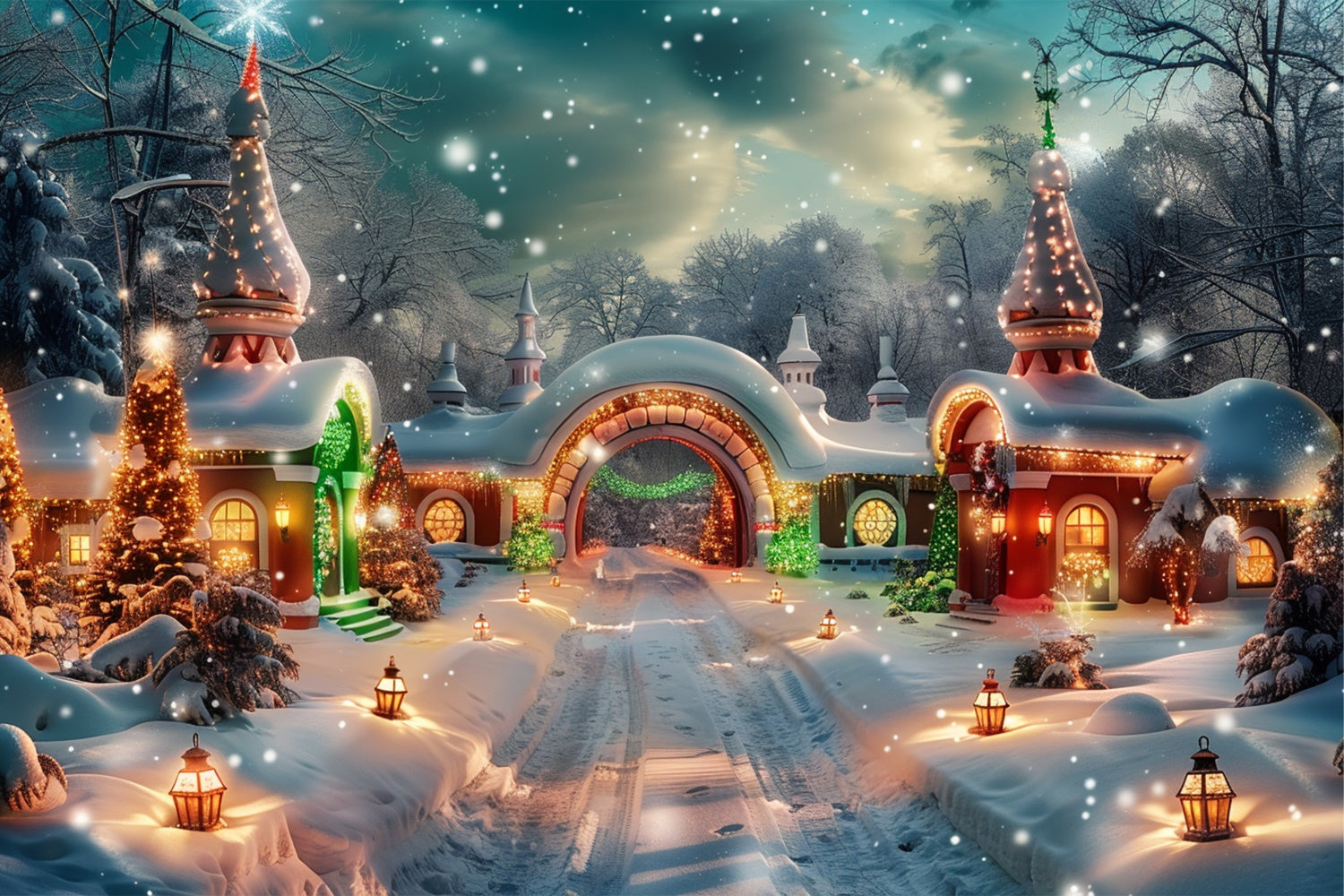 Glowing Christmas Lanterns in Snowy Village Backdrop UK BRP9-102