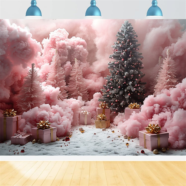 Enchanted Snowy Pink Forest Christmas Gift Backdrop UK BRP9-103